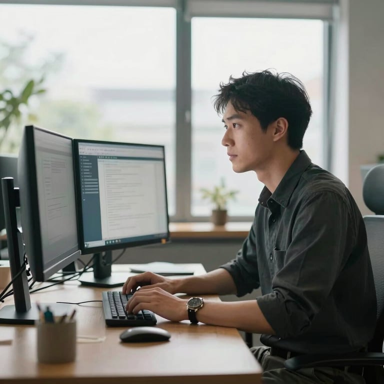 A focused professional in a modern workspace, looking at a dual-monitor setup with a look of calm efficiency, natural morning light.