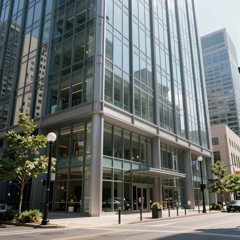 A bright outdoor urban commercial district in North America, showing the exterior of a modern glass office building during the day.