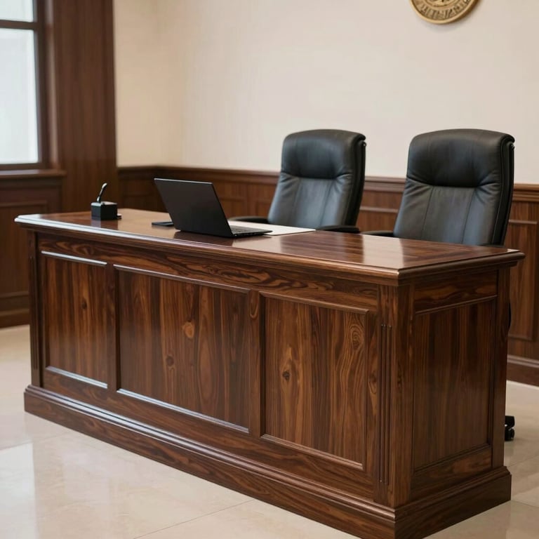 A sophisticated tribal courtroom bench made of dark mahogany, representing the authority of Tribal Courts.