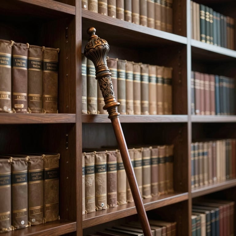A symbolic photograph of a ceremonial staff leaning against a modern law library shelf, blending tradition with legal expertise.
