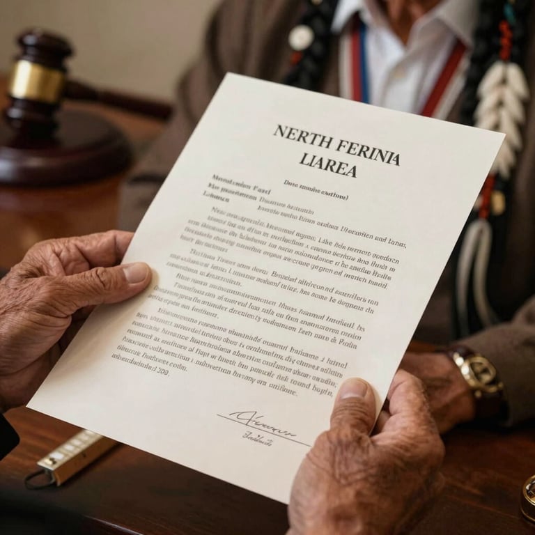 A close-up of a tribal elder's hands holding a legal document in a North American legal setting, symbolizing the intersection of history and modern law.