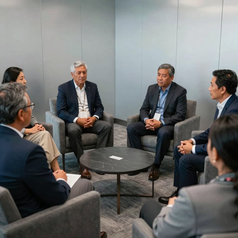 A professional meeting room with North American Indigenous leaders discussing economic development, featuring slate grey furniture and light silver walls.