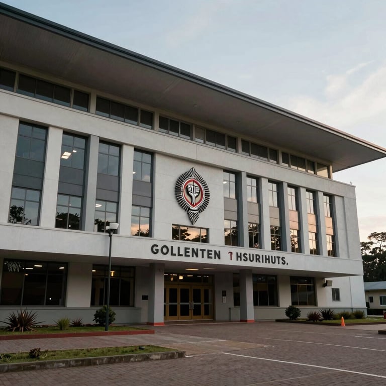 A wide shot of a modern tribal government building exterior, reflecting the strength and permanence of Indigenous institutions.