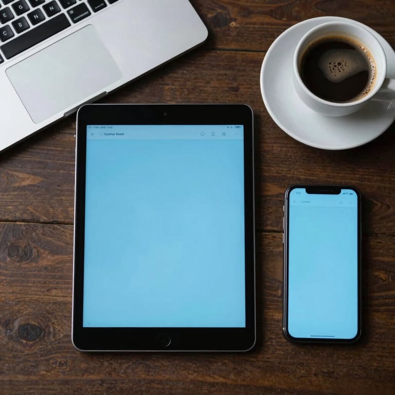 Top-down view of a designer's workspace featuring a tablet, a phone, and a cup of coffee with a sky blue palette.