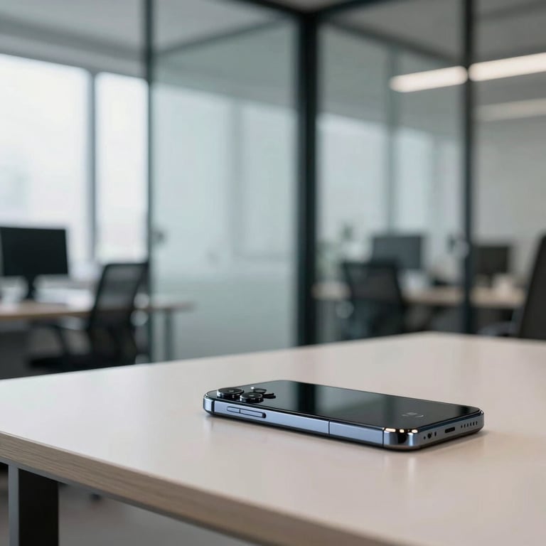 A sleek smartphone resting on a minimalist desk in a glass-walled Eastern European office during daytime.