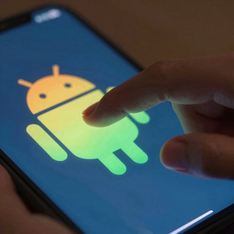 Macro photography of a finger interacting with a vibrant, colorful Android touch interface with soft lighting.