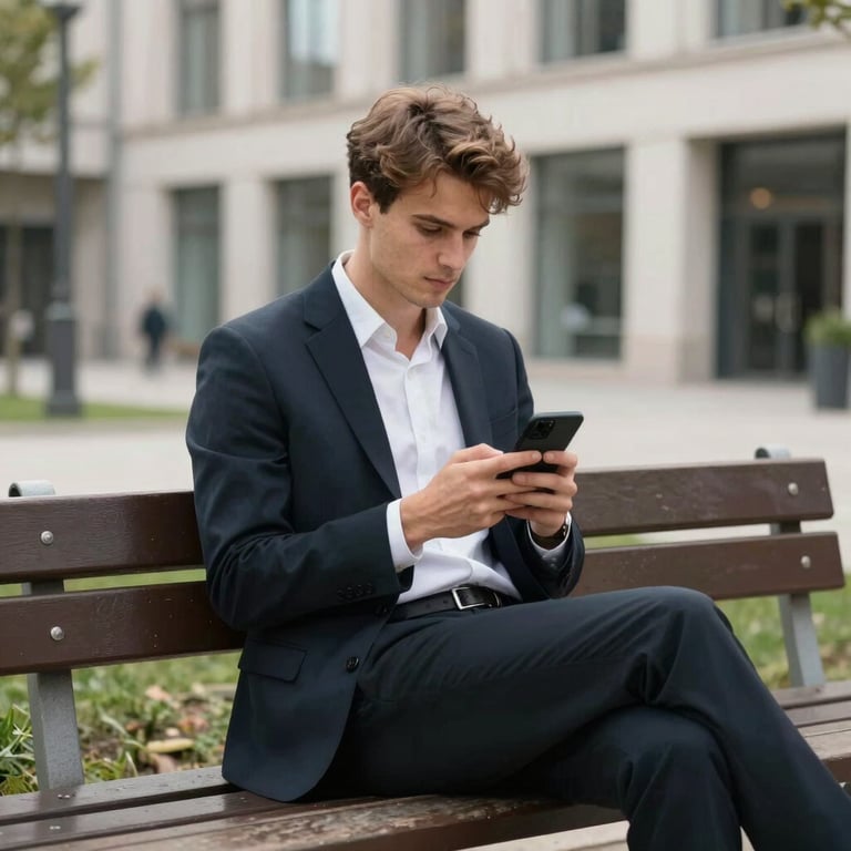 A young professional using a mobile phone while sitting on a park bench in a clean, modern European urban area.
