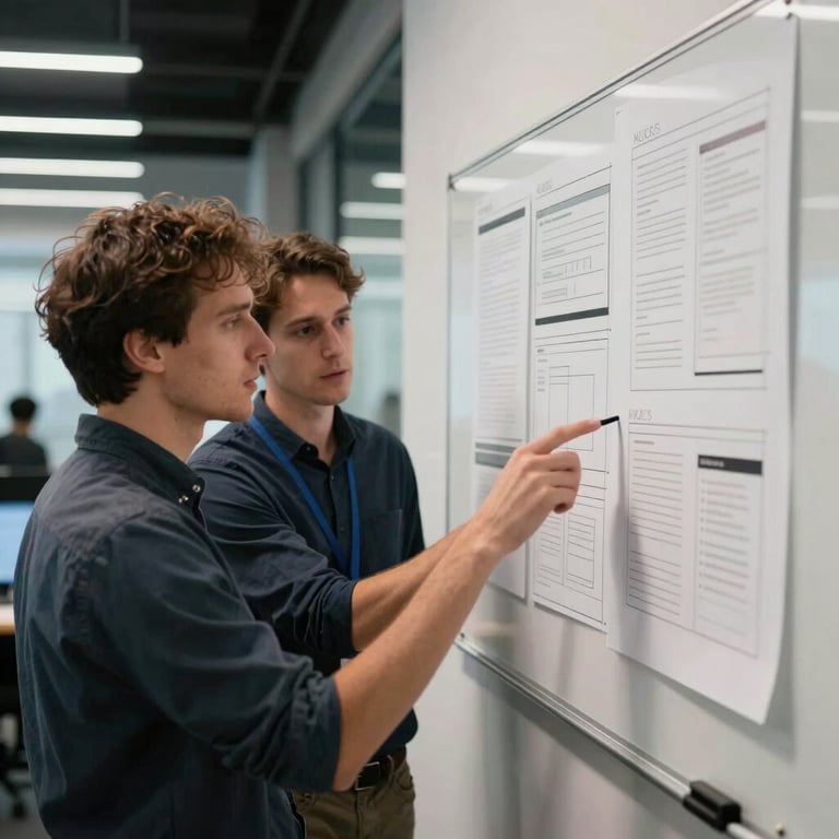 A collaborative team of software engineers in a modern tech hub discussing app wireframes on a whiteboard.
