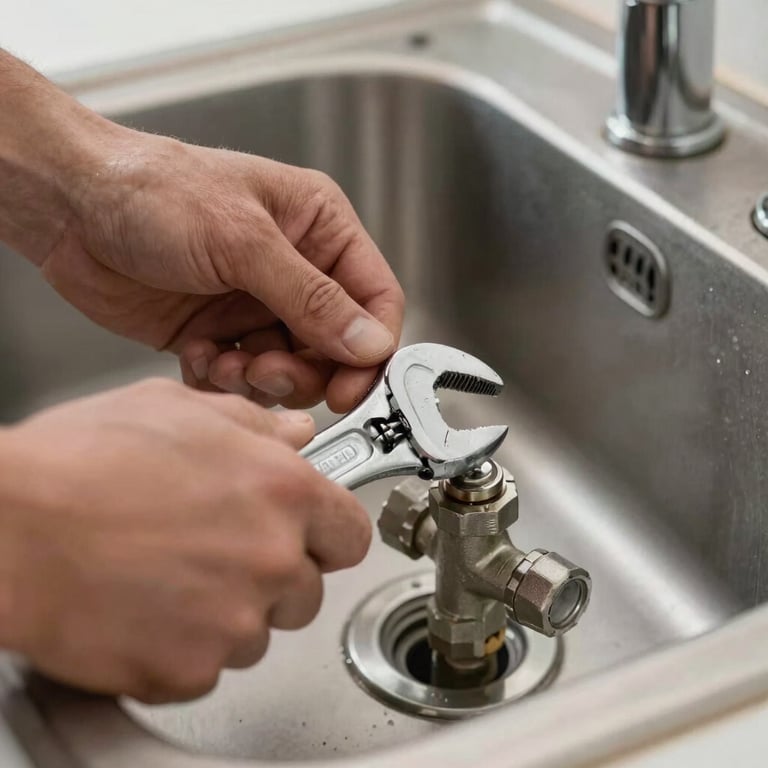 Close-up of a plumber's hands using a wrench to tighten a valve under a kitchen sink, professional lighting.