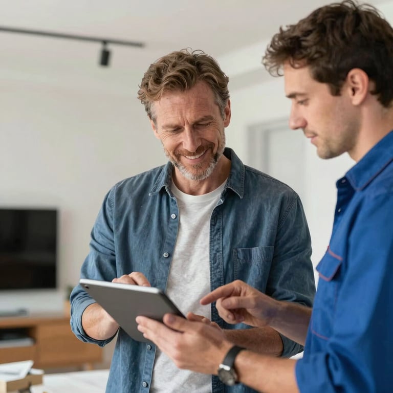 A satisfied homeowner and a technician discussing a project over a digital tablet, modern interior background.