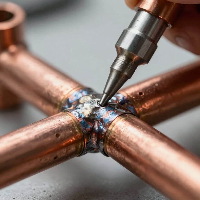 Detailed macro photography of clean copper pipe joints expertly soldered, showing technical precision.