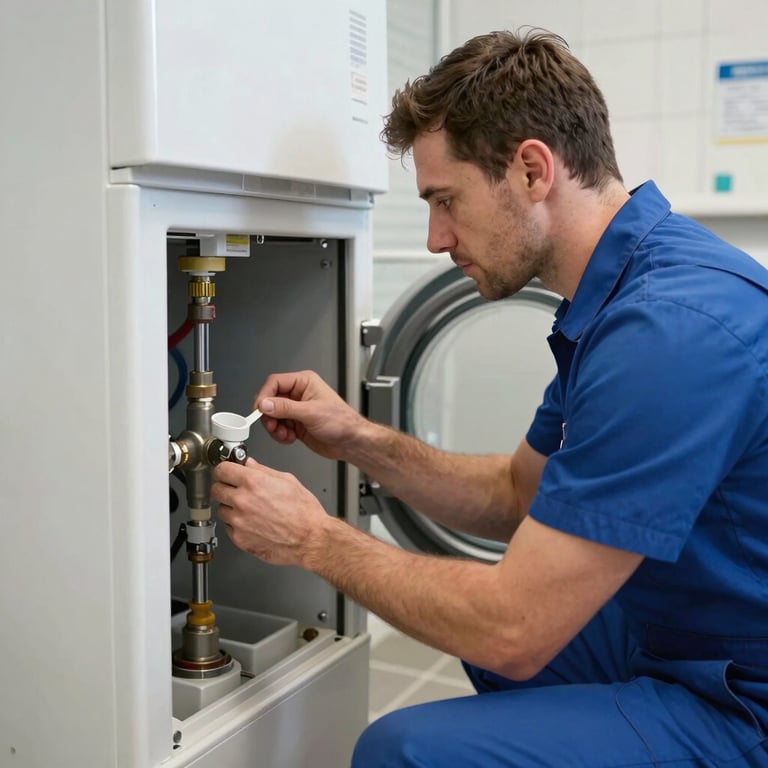 A plumber in a professional uniform expertly installing a new boiler in a clean laundry room, Western European setting.