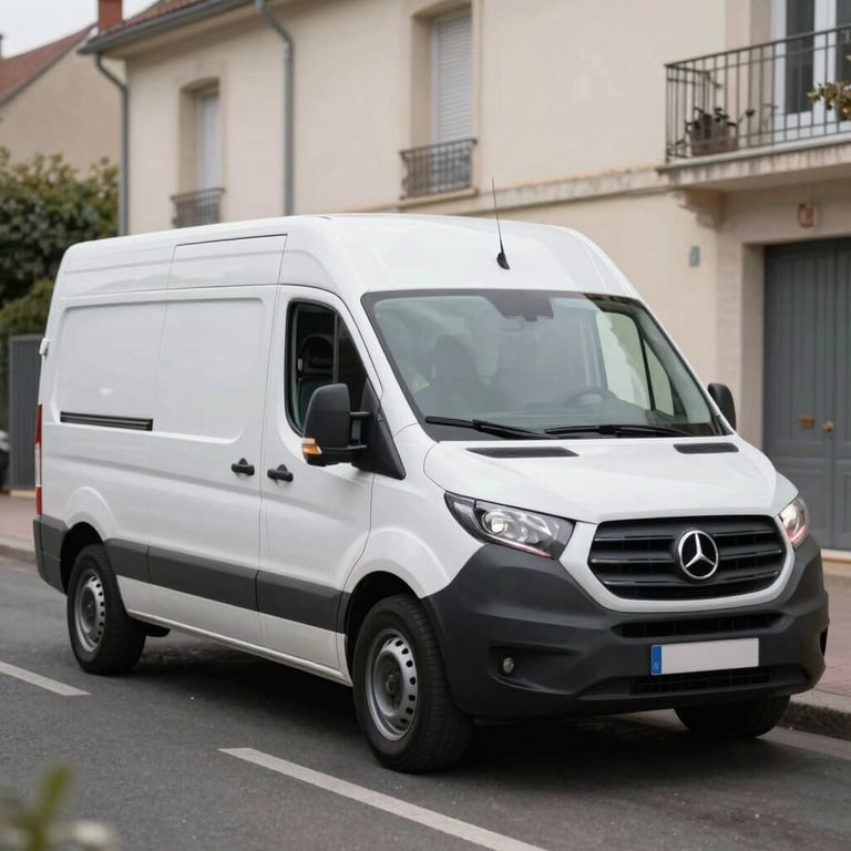 A modern service van with subtle branding parked in a clean residential street in France.