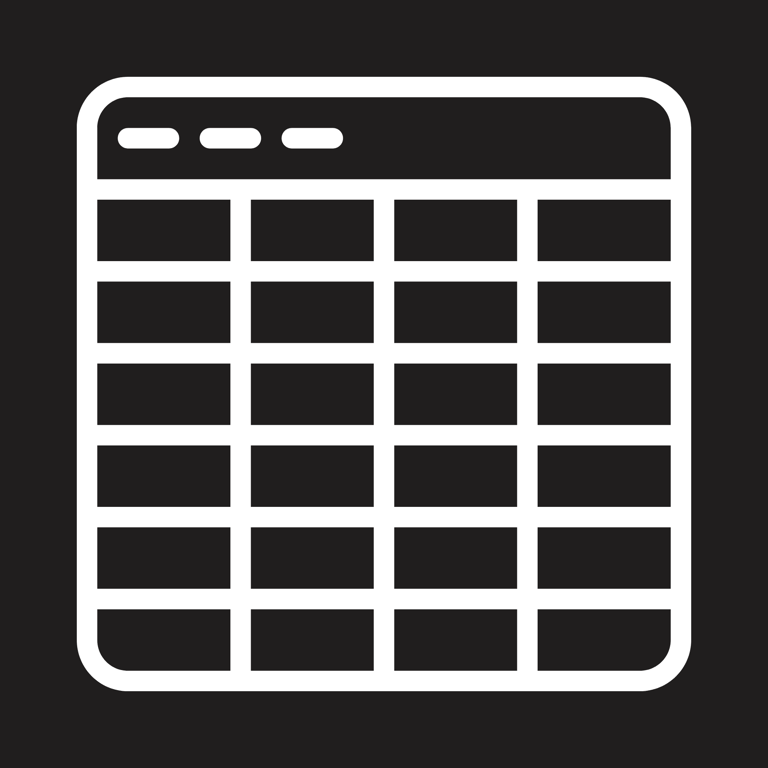 White minimalist spreadsheet icon or data table grid symbol on a black background.