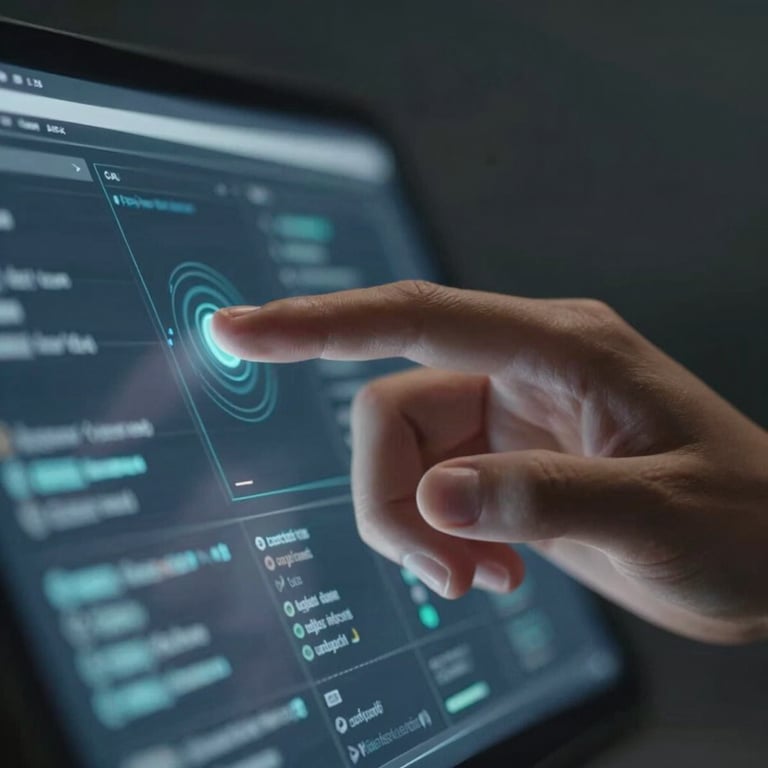 Detailed close-up of a human hand interacting with a digital interface, symbolizing human-centered AI. Professional lighting.