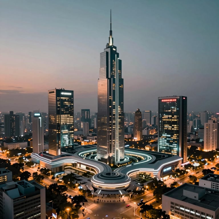 A wide shot of a futuristic tech hub in India at dusk, with glowing lights and sleek architecture. Palette: #1D322B and #456E5E.