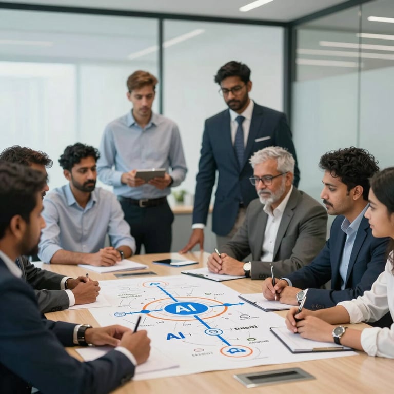 A group of Indian professionals in a modern boardroom, focused and empowered, collaborating on an AI roadmap.