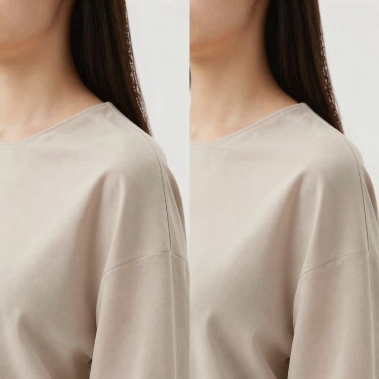 Close-up of clean editorial hair styling and polished garment shoulder, zero flyaways, smooth fabric texture, neutral background