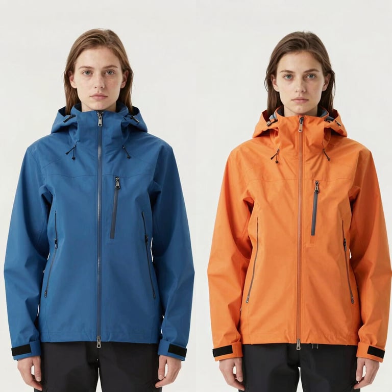 Perfected studio photograph of the same technical outdoor jacket, vibrant accurate color matching physical Pantone swatches, crisp textures, neutral white background.
