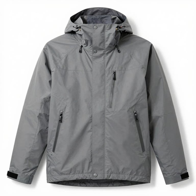 Raw studio photograph of a technical outdoor jacket, slightly flat lighting, uncalibrated color tones, neutral white background.