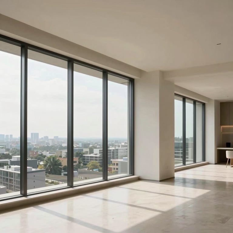 Modern luxury apartment interior with floor-to-ceiling windows and off-white decor, South Asian / Indian setting.
