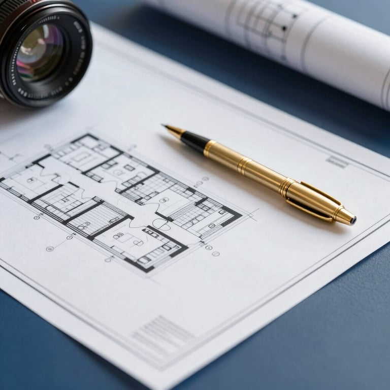 Close-up of high-quality architectural blueprints on a navy blue desk with a gold pen.