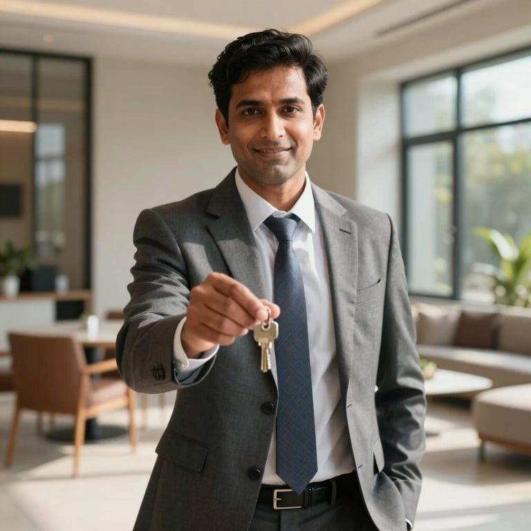 A professional South Asian / Indian broker handing over keys in a sunlit, modern apartment setting.