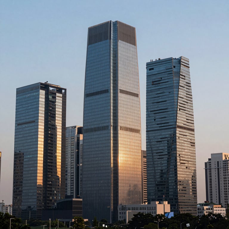 The iconic Gurgaon Cyber City skyline at sunrise, reflecting soft blue and gold light on glass facades.
