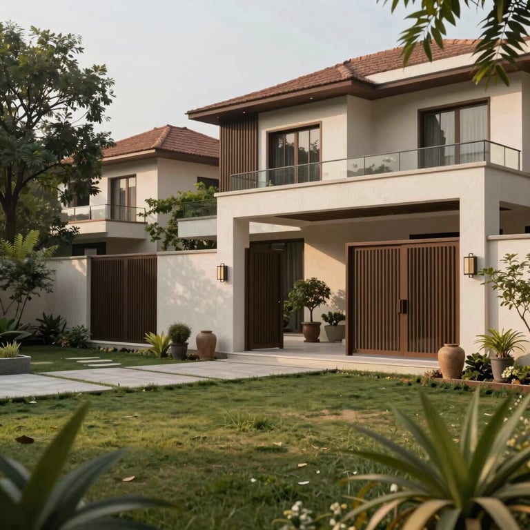 A serene garden landscape within a gated community in Gurgaon, featuring modern South Asian / Indian architectural details.