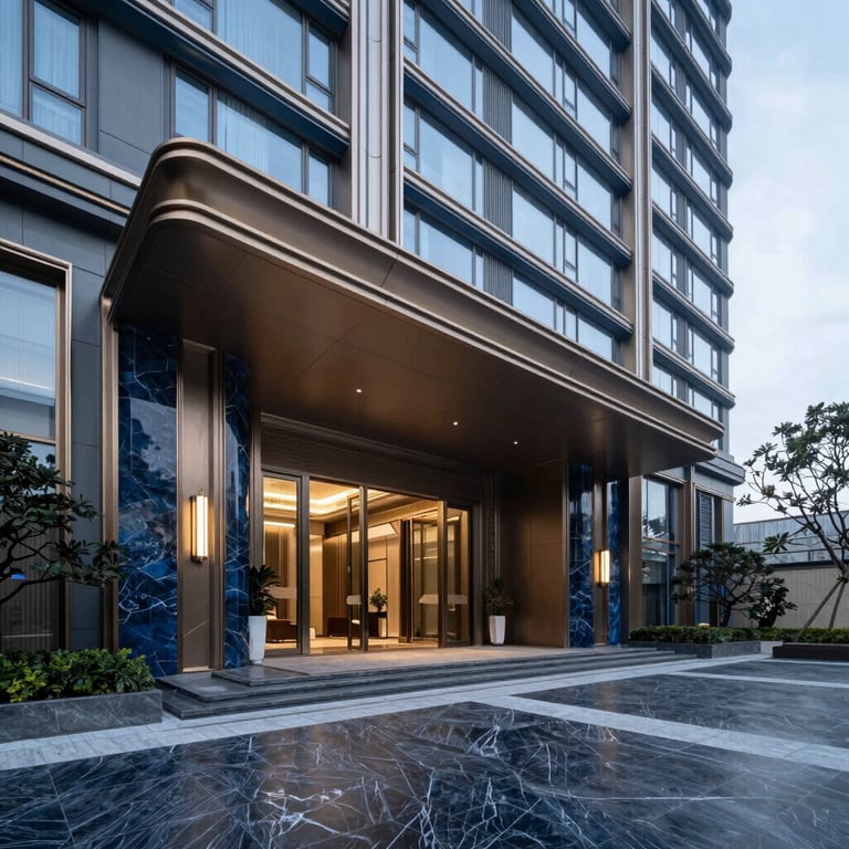 A sophisticated lobby of a premium residential tower with navy marble floors and steel blue accents.