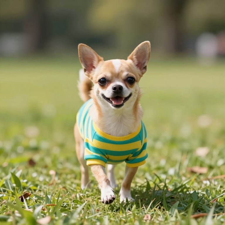 Un pequeño cachorro de chihuahua con un suéter a rayas amarillas y azules caminando por un parque con césped.