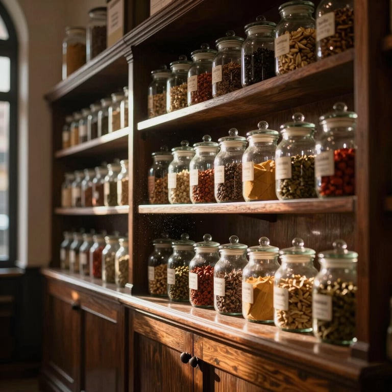 Atmospheric shot of Balaji Stores London interior, dark wooden apothecary shelves filled with glass spice jars, low-angle afternoon sun beam illuminating dust motes, warm and inviting.