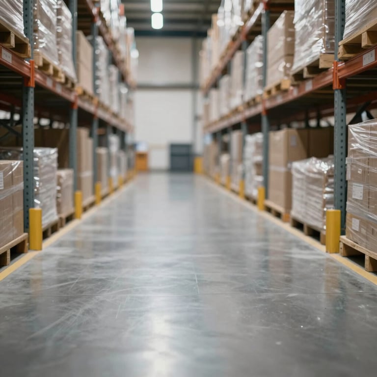 Reflective logistics warehouse floor post-treatment, showing organized and clean shelving.