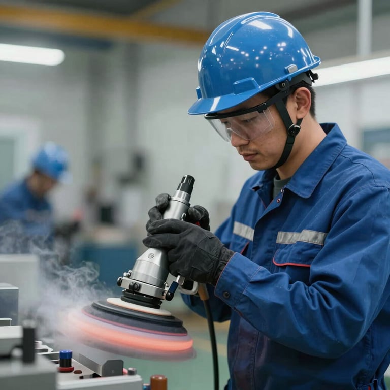 Industrial worker in full safety gear using a high-precision cleaning tool, professional lighting.