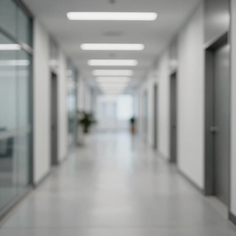 Modern facility hallway with polished floors and a sober, clean industrial design.