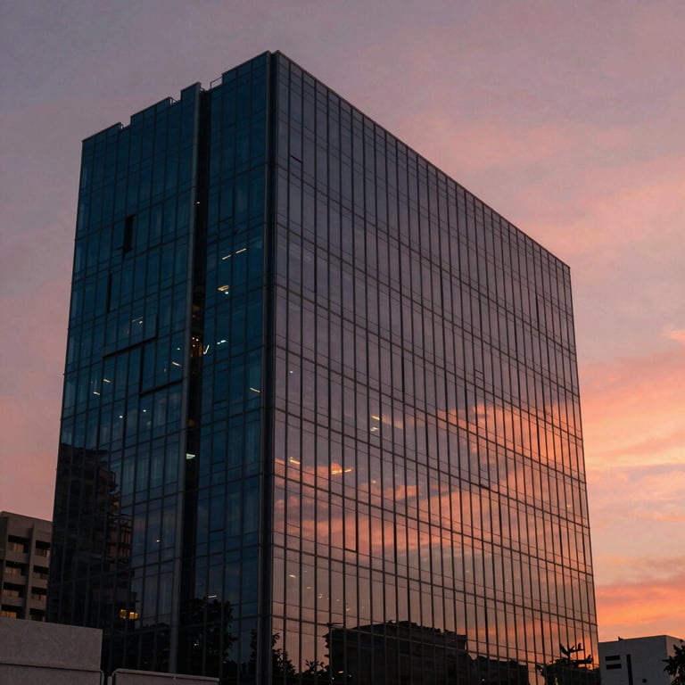 Cinematic shot of a modern glass office building in an Indian city at sunset, reflecting deep navy and coral sky colors.