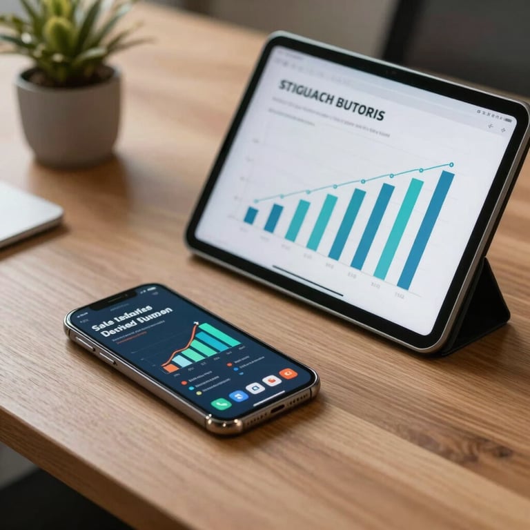 A modern desk setup in a South Asian office featuring a smartphone and a tablet showing positive business growth indicators.