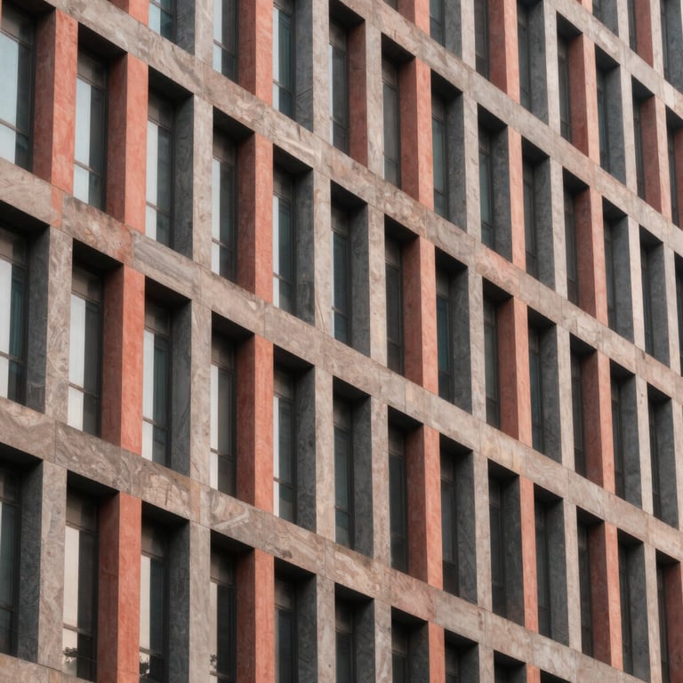 Abstract photography of architectural lines of a modern Indian corporate headquarters, minimalist style with coral accents.