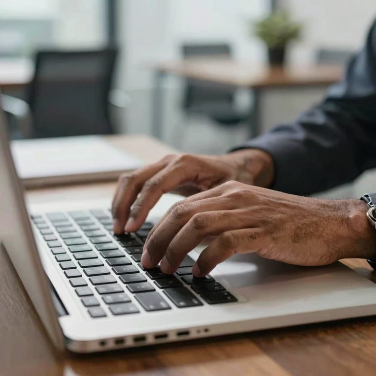Close-up of a professional's hands working on a sleek laptop keyboard in a high-tech Indian office setting.