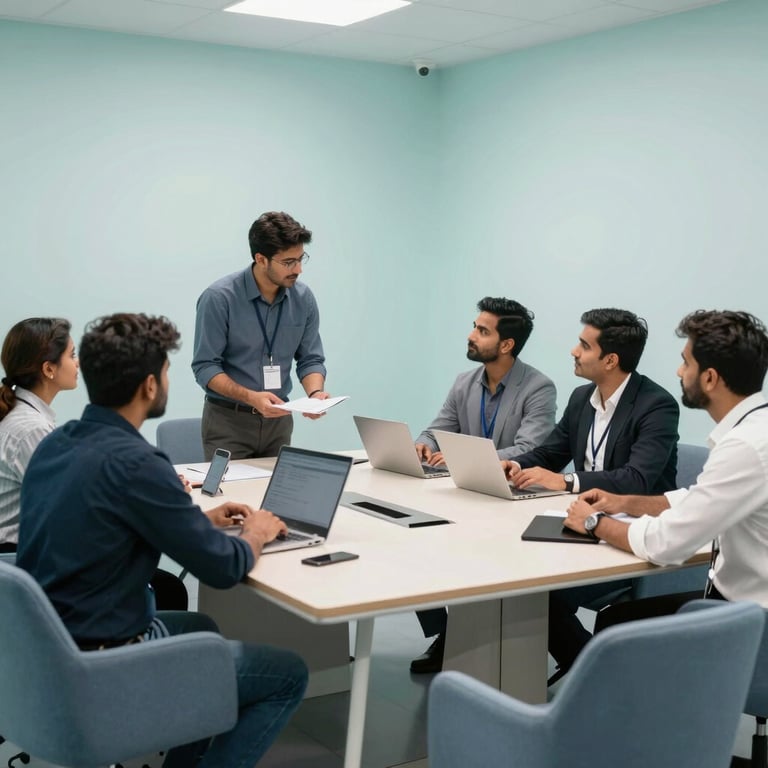 Professional South Asian team collaborating in a bright, airy conference room with pale cyan walls and slate blue furniture.