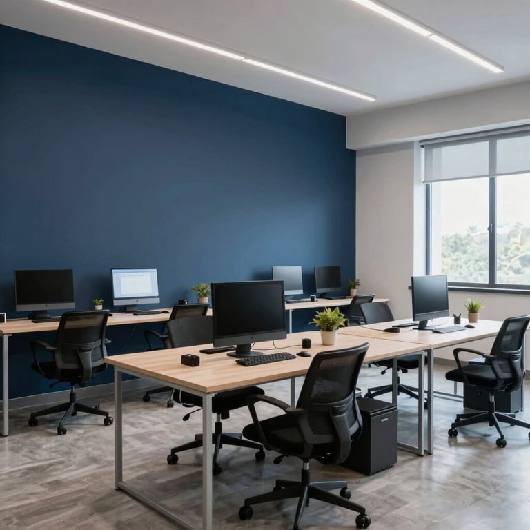 Wide angle of a clean, organized Indian co-working space with a palette of navy and sky blue.
