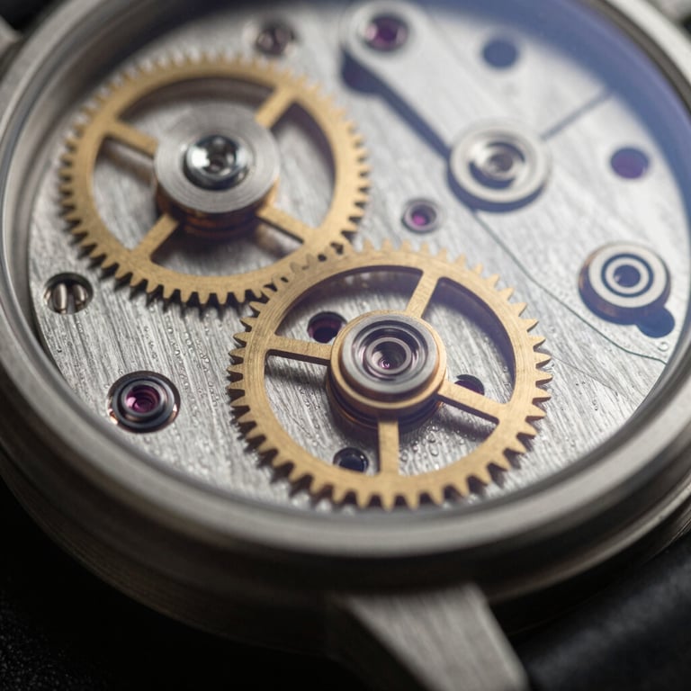 Macro close-up of a high-end mechanical watch movement, intricate metal gears, dark steel textures, sharp side lighting, cinematic depth of field.