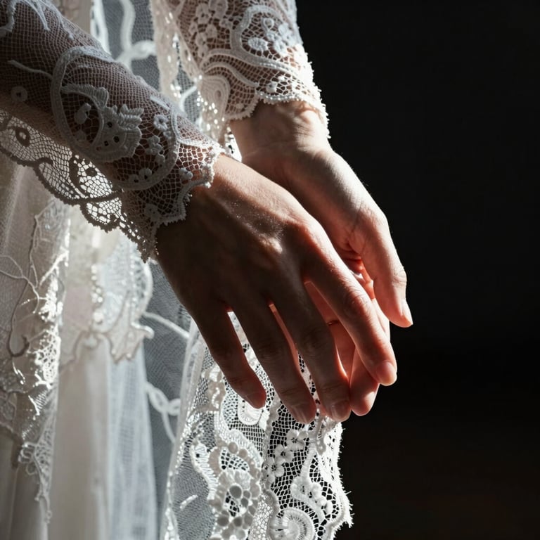 Extreme close-up of hands touching, a delicate lace veil catching sharp backlight against an absolute black background, high contrast chiaroscuro.