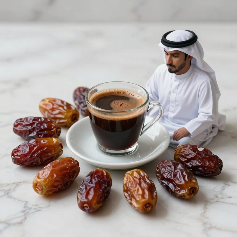 Traditional Middle Eastern / Gulf welcome set with fresh dates and aromatic Arabic coffee on a marble surface.