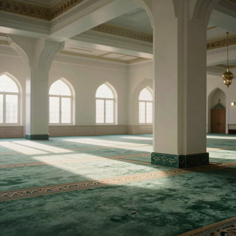 Interior of a modern mosque in Saudi Arabia with soft natural light and sage green carpets.