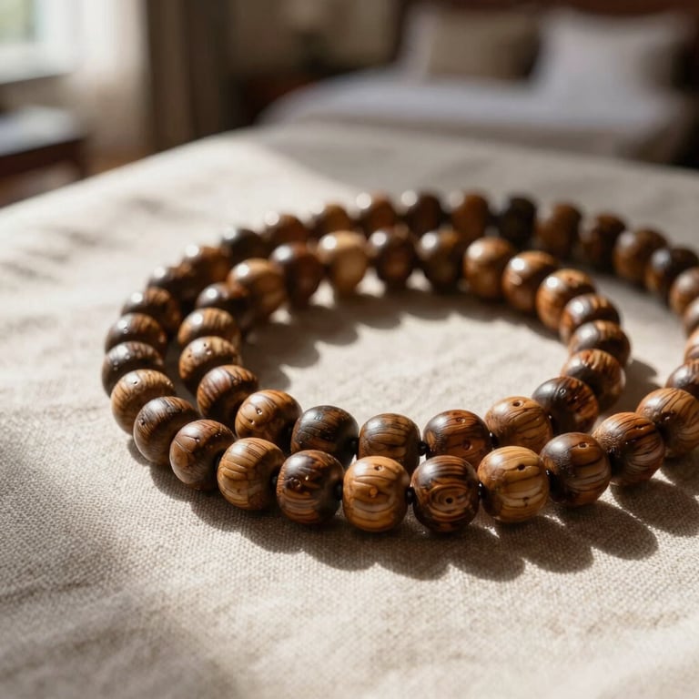 Detail shot of prayer beads on a fine linen cloth in a sunlit hotel room.