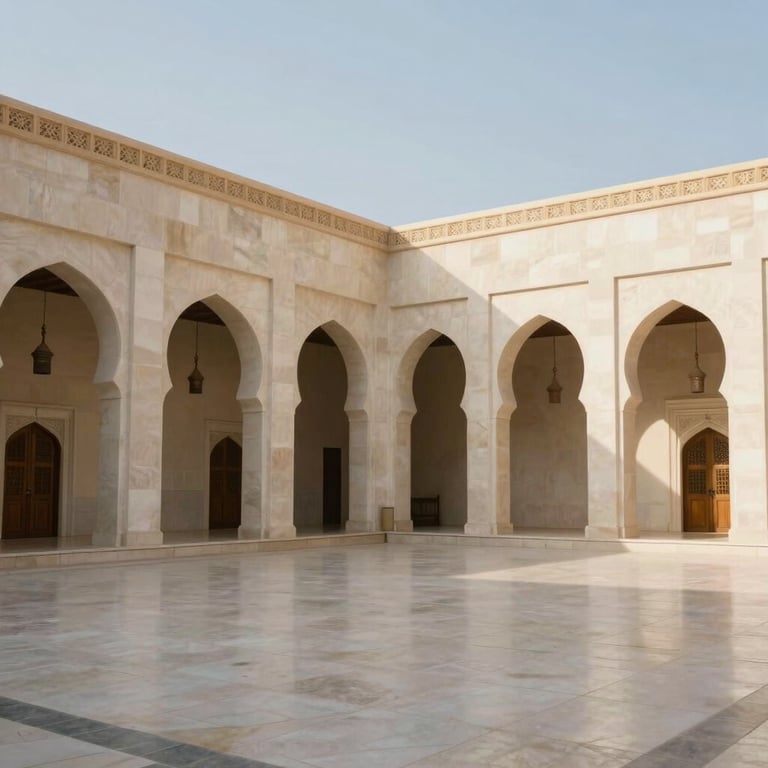 A peaceful courtyard in Madinah featuring traditional Islamic architecture and modern clean lines.
