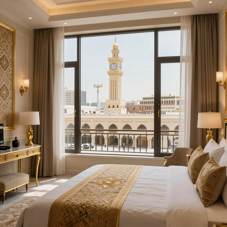 Luxury hotel bedroom in Makkah with gold accents and view of the Clock Tower.