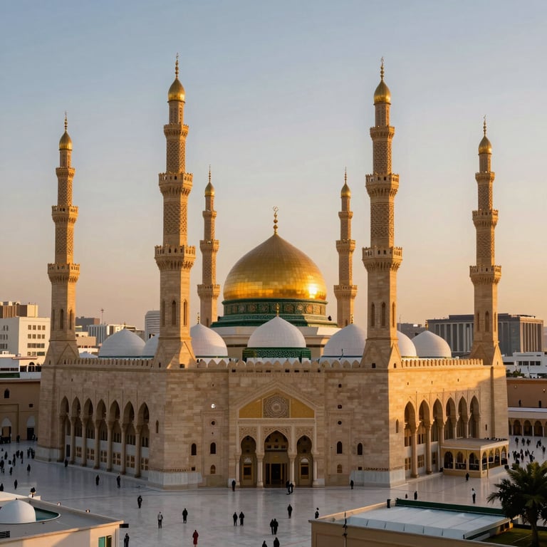 Panoramic view of the Prophet's Mosque in Madinah during the golden hour.