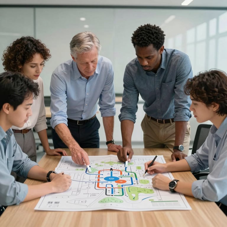 A group of diverse engineers in a meeting room reviewing a water system project map. International / Professional.